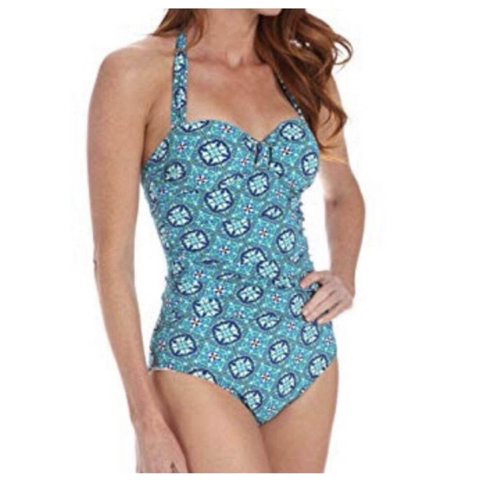 Spanx Assets Medallion Geometric Turquoise Slimming Halter One Piece Swimsuit Lg